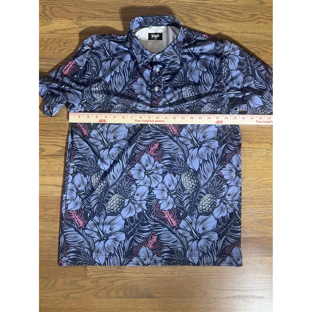 Waggle Golf Polo Shirt Mens Medium Blue Pink Tropical Floral Pineapple Hibiscus - Picture 4 of 5